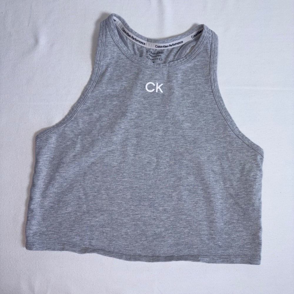 Calvin Klein Performance Tank Top Medium Gray Racerback Crop High Neck CK